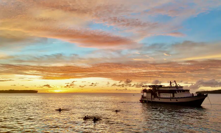 Melaleuca at anchor at sunset