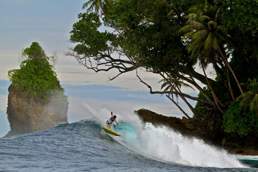 A surfer riding past the vegetated sea stack at Pinnacles, Telo Islands